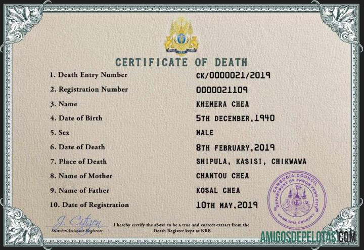 Realista modelo PSD de certidão de óbito de registro vital do Camboja